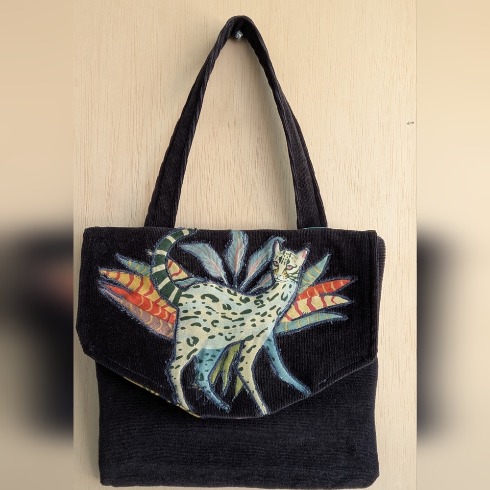 Handmade Upcycled Blue Corduroy Flap Bag With Artistic Cat Applique